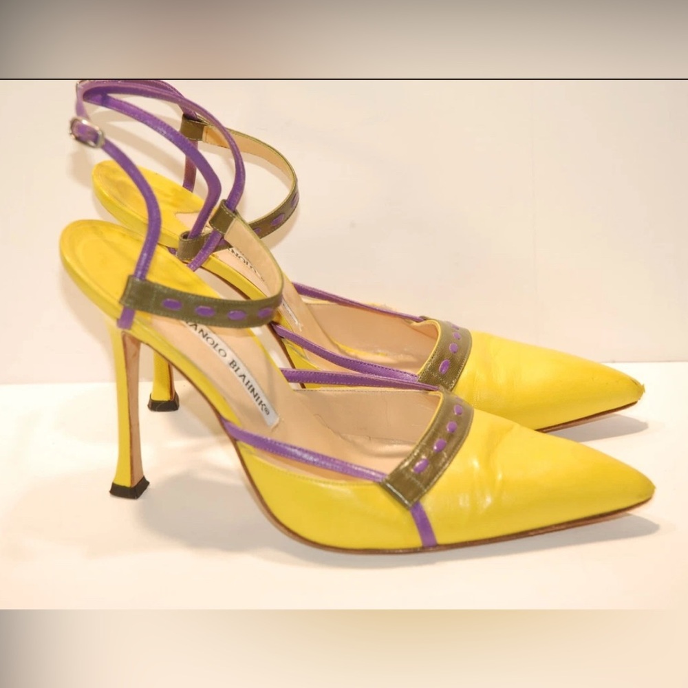 Manolo Blahnik 38.5 Yellow and Purple Stilettos